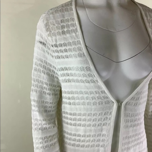 Carlisle Sz M Open Knit Duster Cardigan White Rayon Nylon Clasp Front Sweater - Picture 2 of 5
